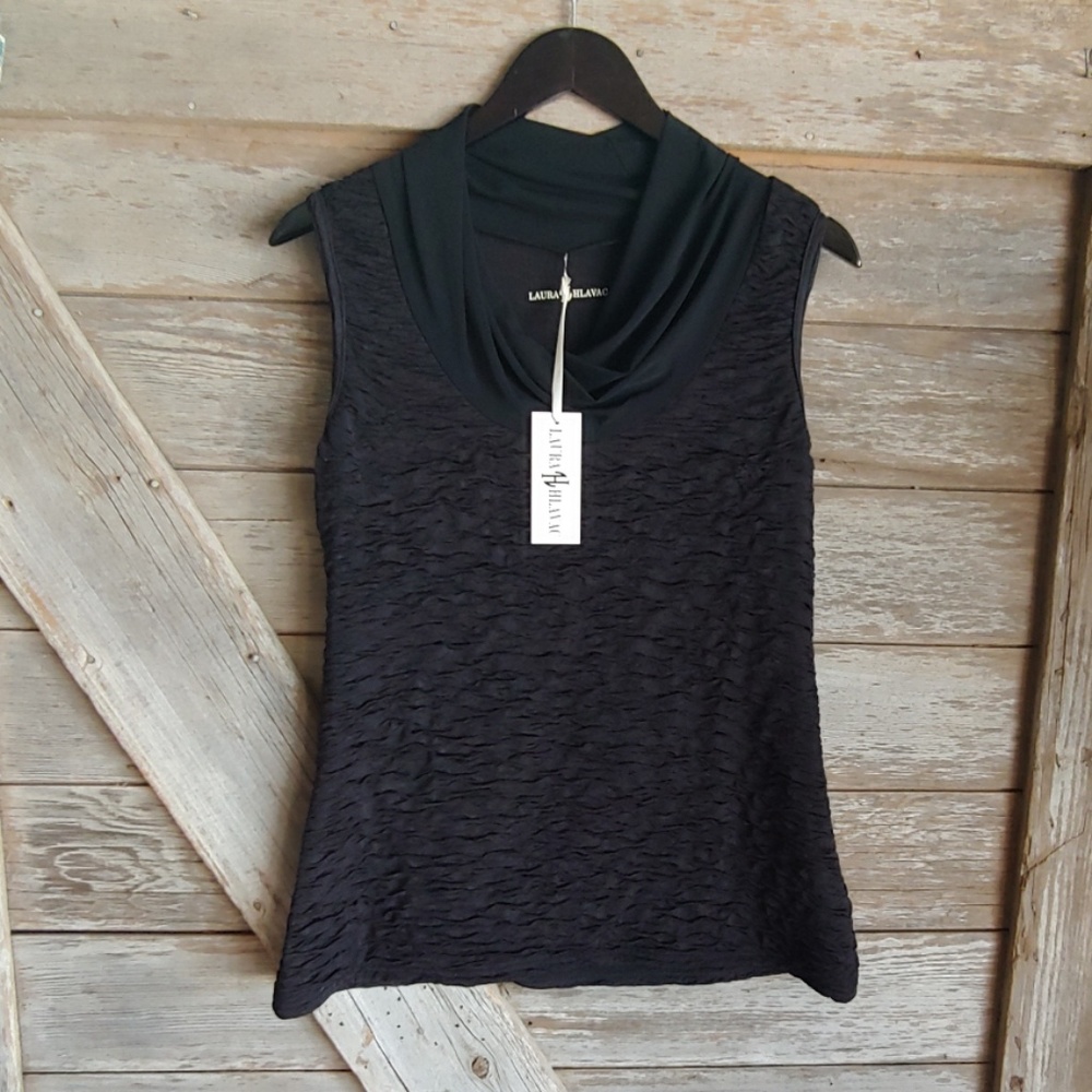 CLASSIC BLACK TANK WITH MESH COWL NECK